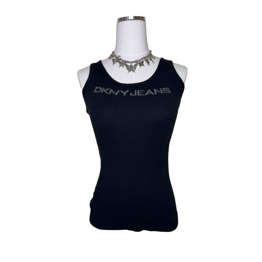 Y2K DKNY Embroidered Black Ribbed Tank Top Size Medium